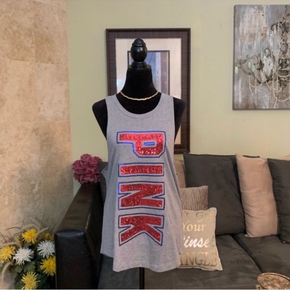 Victorias Secret PINK NWT Gray Sleeveless “USA” Sequin Muscle Tank XS - Picture 8 of 10